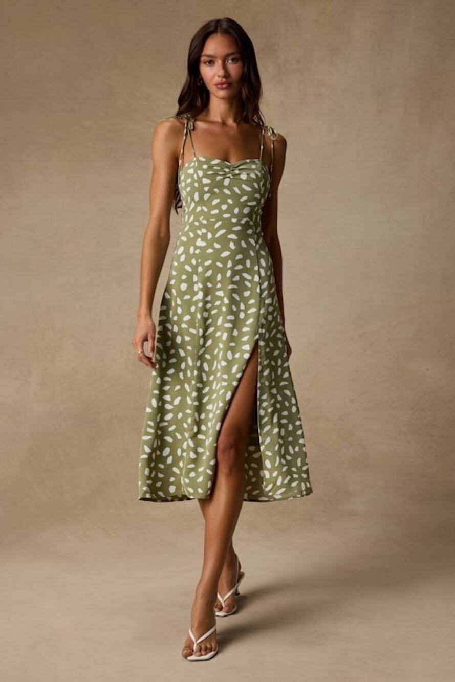 NWT Lulus Party in Paris Sage Green Print Tie-Strap Midi Dress Size Medium
